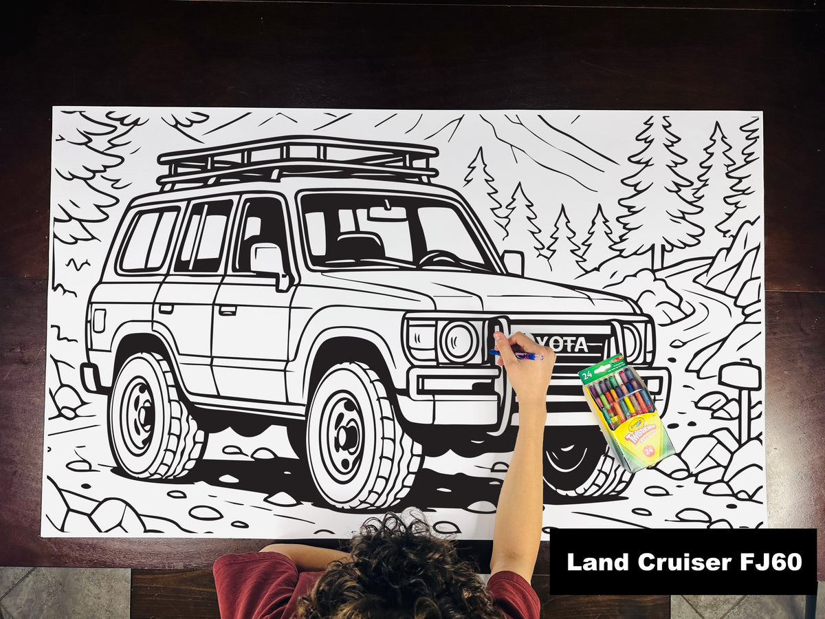 Giant coloring sheet of an 80s off-road SUV, with a box of crayons
