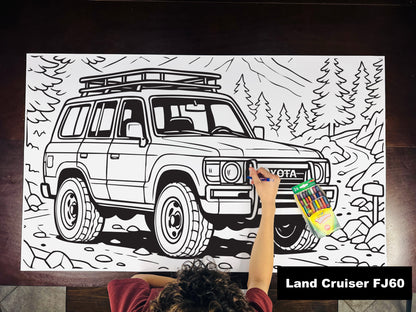 Giant coloring sheet of an 80s off-road SUV, with a box of crayons