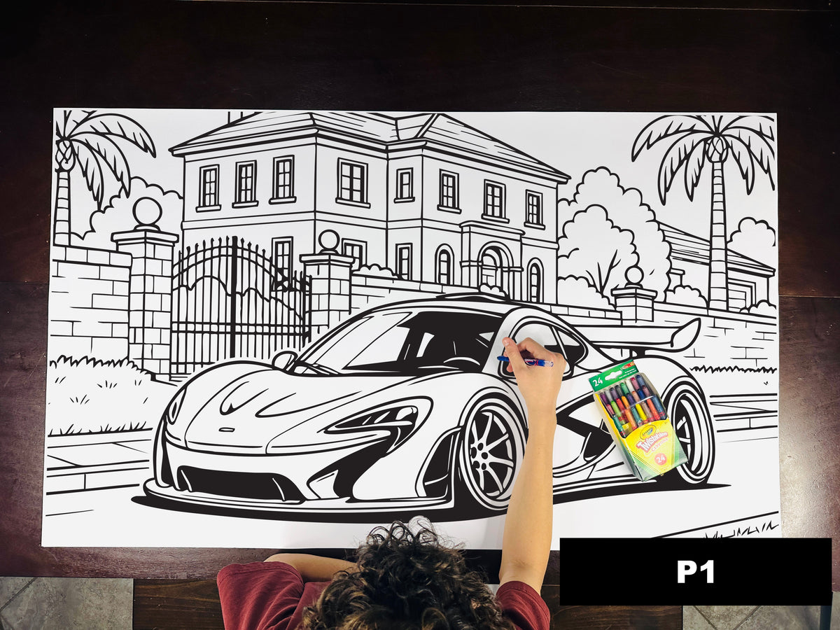 Giant coloring sheet of a hypercar, with a box of crayons