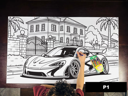 Giant coloring sheet of a hypercar, with a box of crayons
