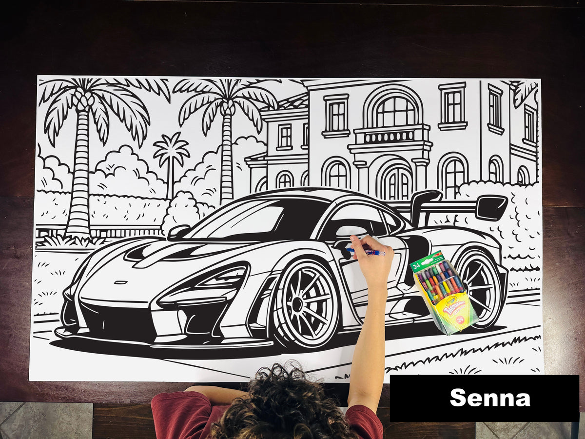 Giant coloring sheet of a hypercar, with a box of crayons