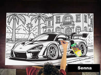 Giant coloring sheet of a hypercar, with a box of crayons