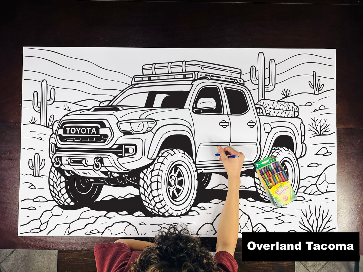 Giant coloring sheet of an off-road pickup truck, with a box of crayons