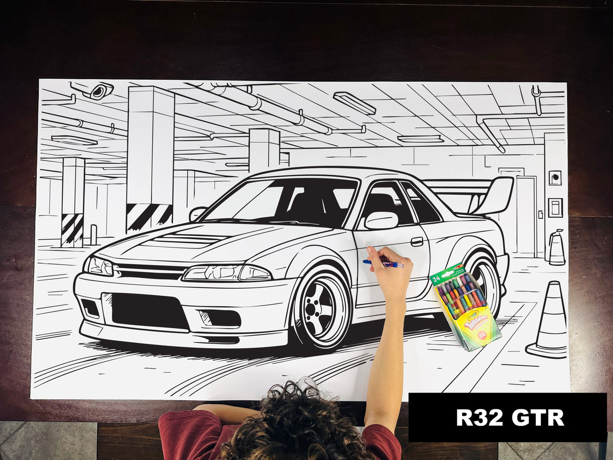 Giant coloring sheet of a 90s sports coupe, with a box of crayons