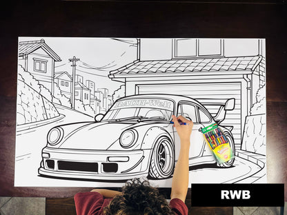 Giant coloring sheet of a widebody classic sports car, with a box of crayons