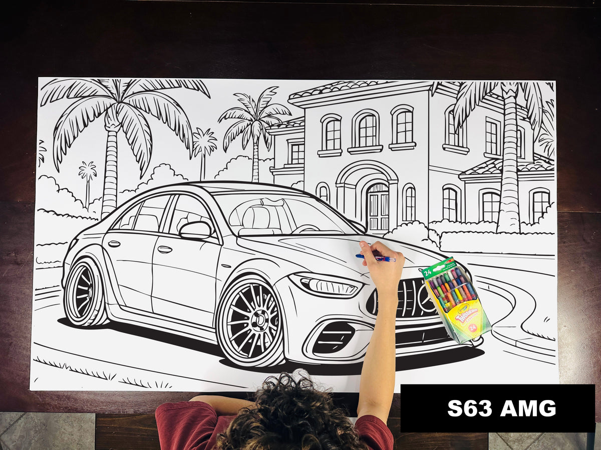 Giant coloring sheet of a luxury sedan, with a box of crayons