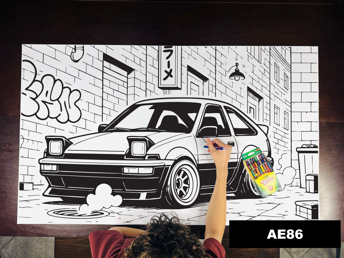 Giant coloring sheet of an 80s hatchback coupe, with a box of crayons