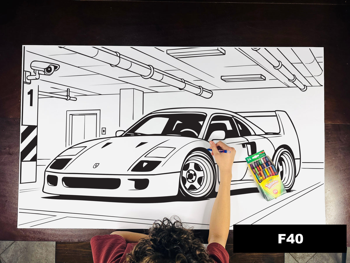Giant coloring sheet of a classic exotic sports car, with a box of crayons