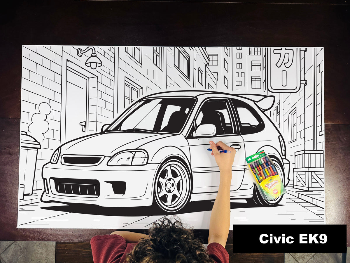 Giant coloring sheet of a 90s hatchback, with a box of crayons