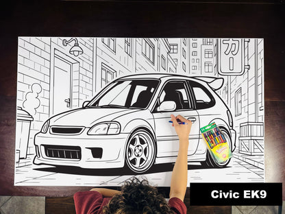 Giant coloring sheet of a 90s hatchback, with a box of crayons