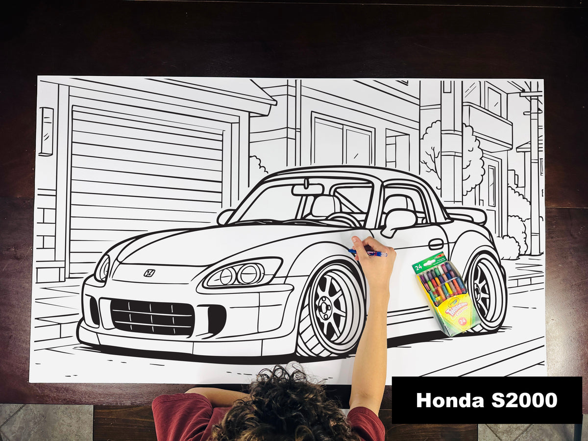 Giant coloring sheet of a roadster, with a box of crayons