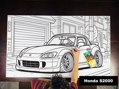 Giant coloring sheet of a roadster, with a box of crayons
