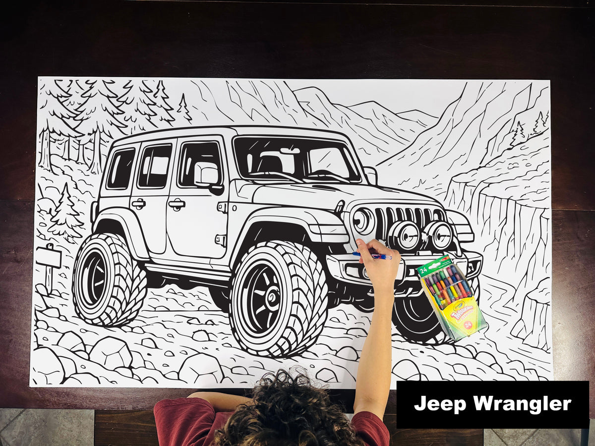 Giant coloring sheet of an off-road SUV, with a box of crayons