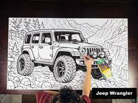 Thumbnail for Giant coloring sheet of an off-road SUV, with a box of crayons