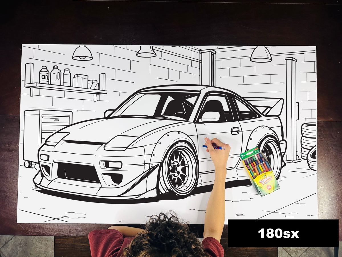 Giant coloring sheet of a 90s sports coupe, with a box of crayons