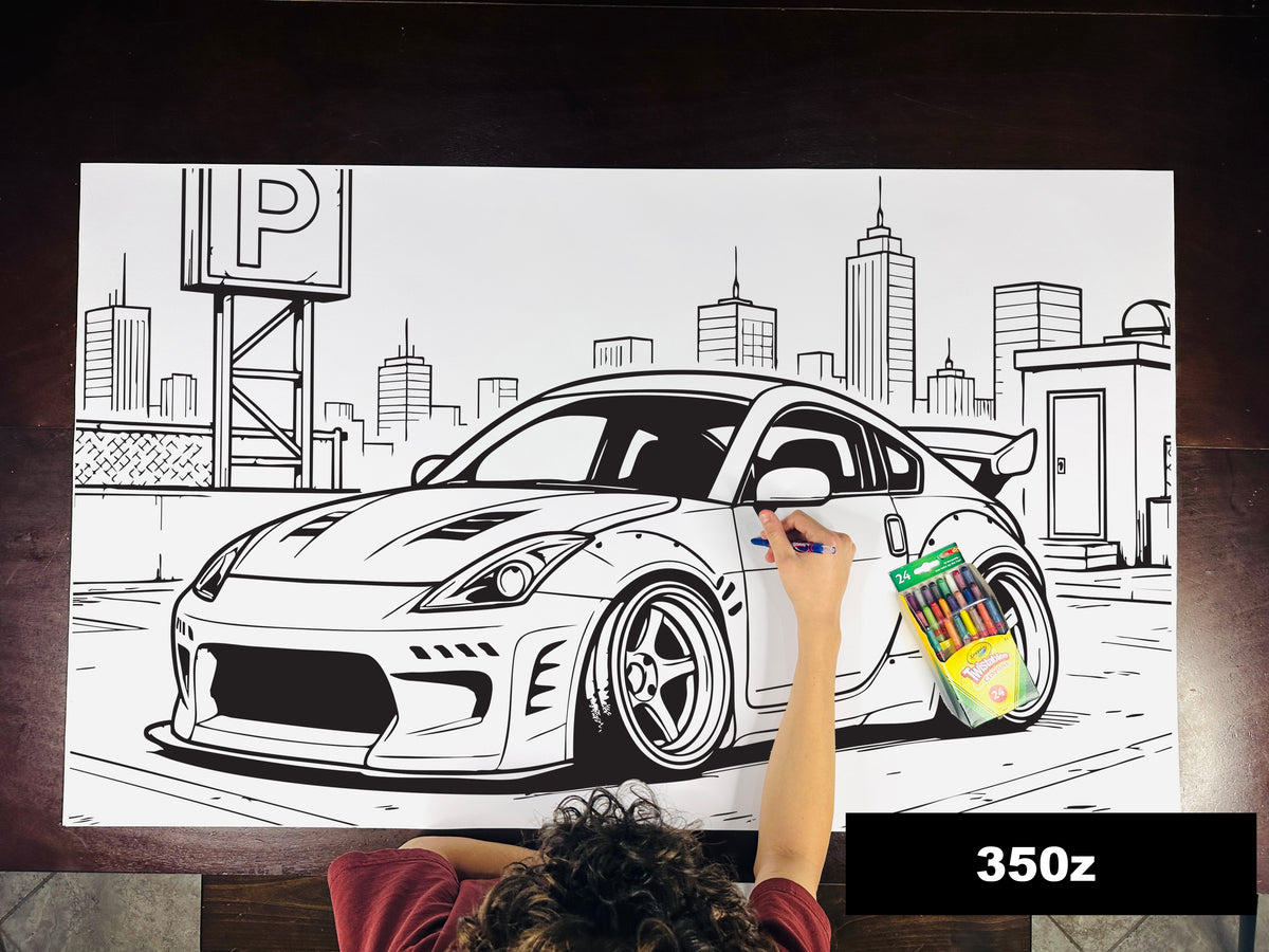 Giant coloring sheet of a sports coupe, with a box of crayons