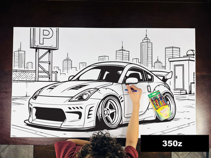 Giant coloring sheet of a sports coupe, with a box of crayons