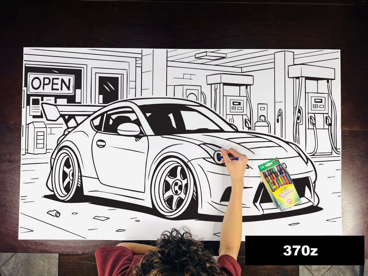 Giant coloring sheet of a sports coupe, with a box of crayons