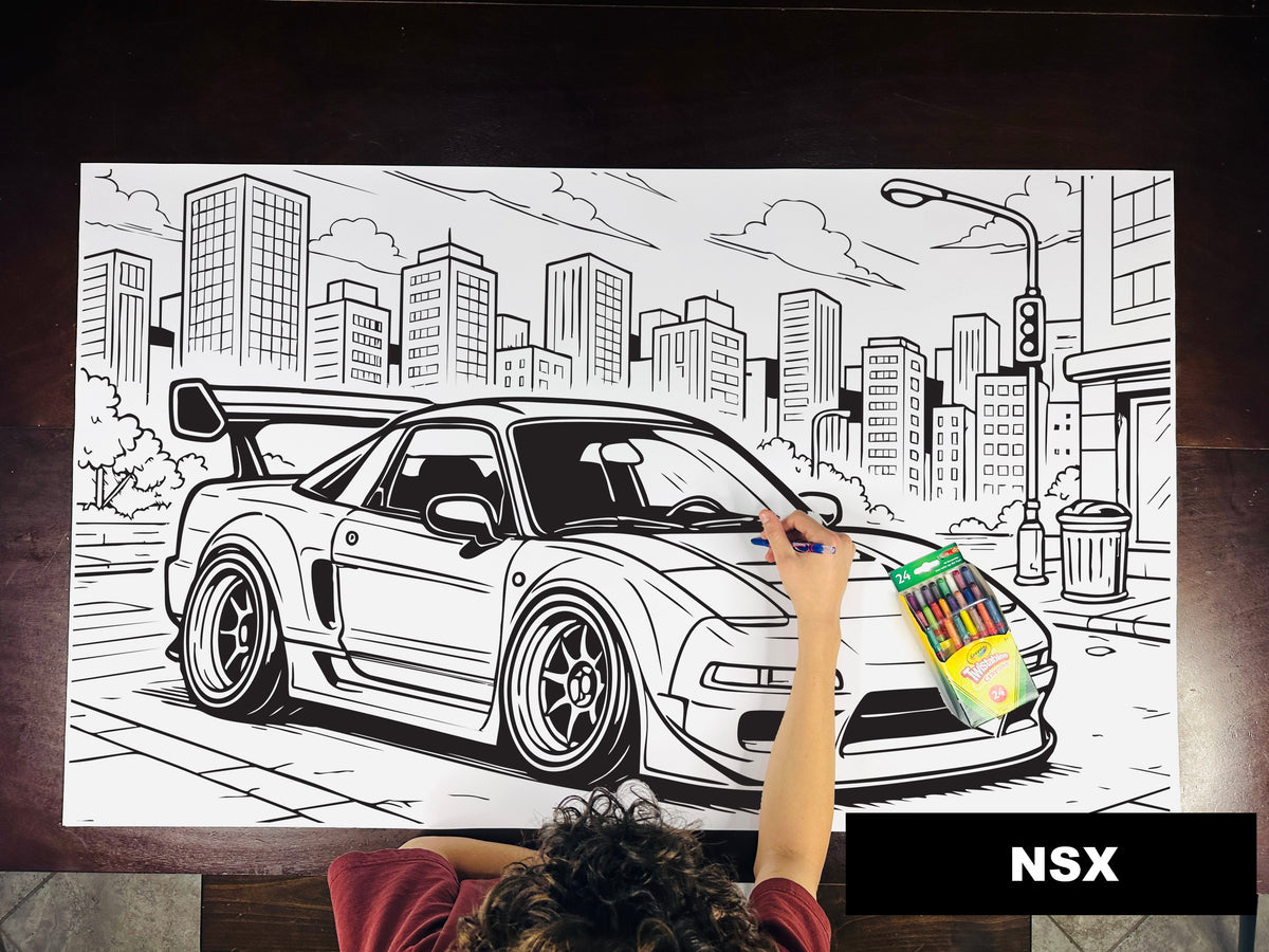Giant coloring sheet of a sports car on a city street, with a box of crayons