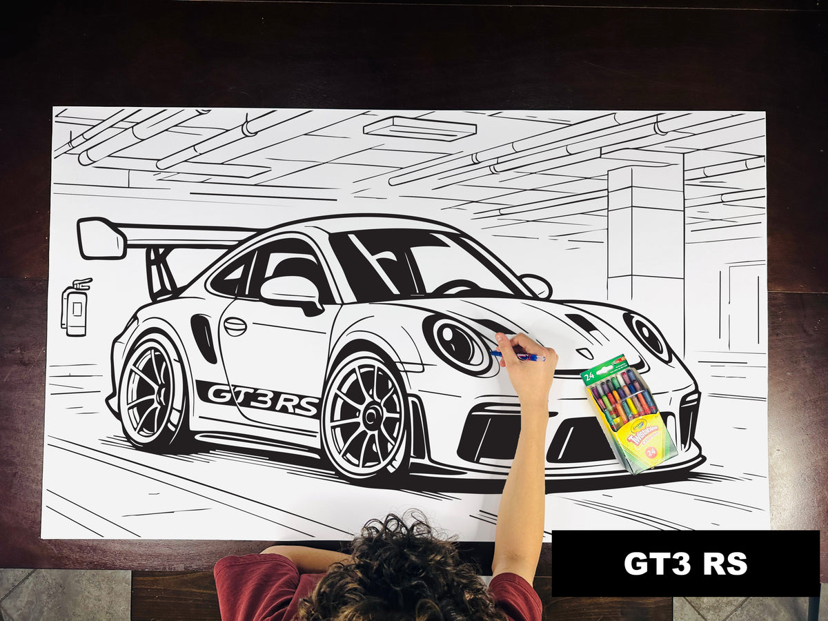 Giant coloring sheet of a track sports car, with a box of crayons
