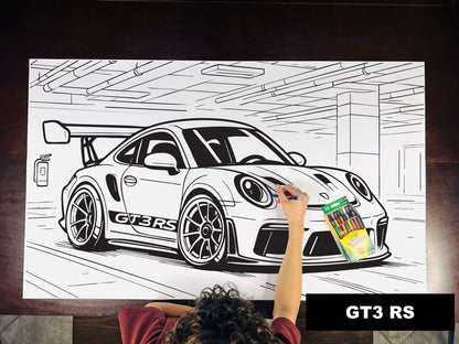 Giant coloring sheet of a track sports car, with a box of crayons
