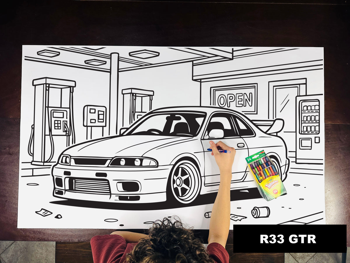 Giant coloring sheet of a 90s sports coupe, with a box of crayons
