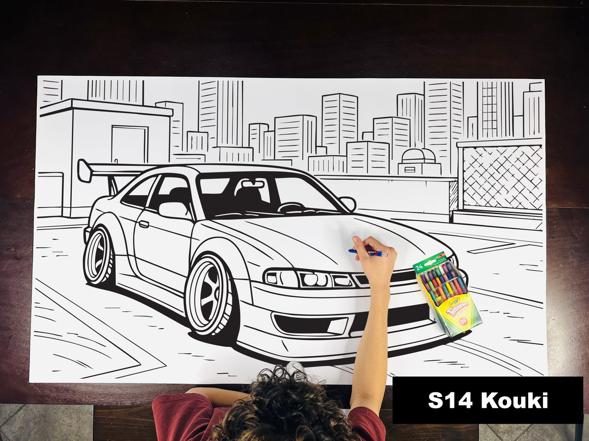 Giant coloring sheet of a 90s sports coupe, with a box of crayons