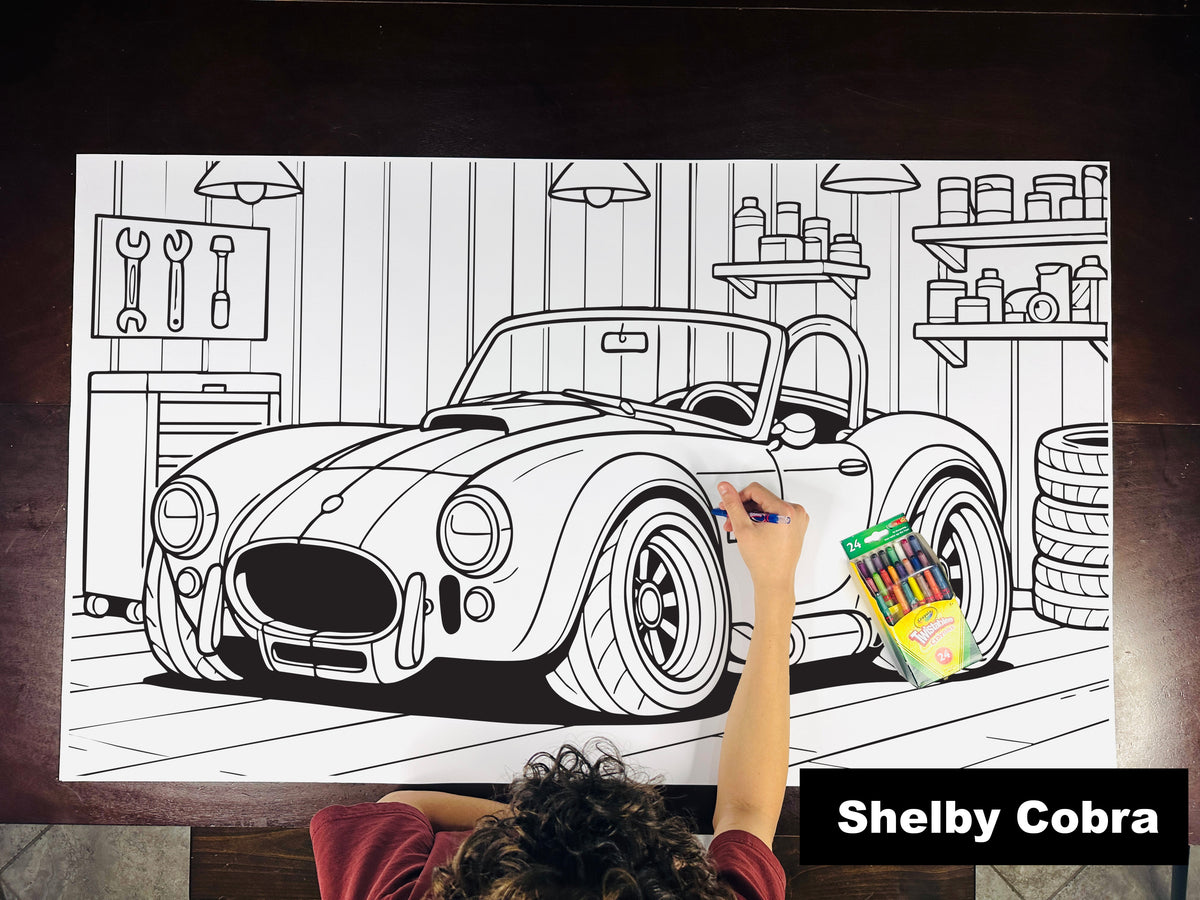 Giant coloring sheet of a classic roadster, with a box of crayons