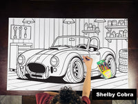 Thumbnail for Giant coloring sheet of a classic roadster, with a box of crayons
