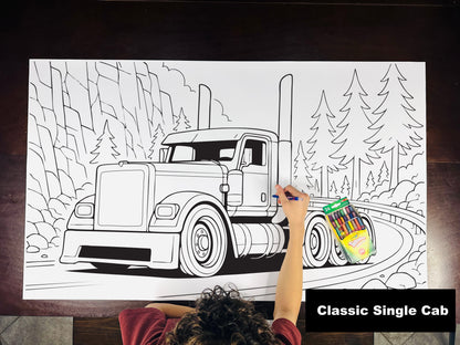 Giant coloring sheet of a classic semi truck, with a box of crayons