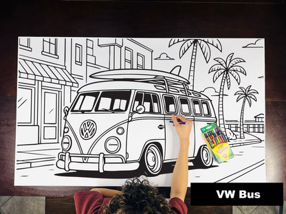 Giant coloring sheet of a vintage camper van, with a box of crayons