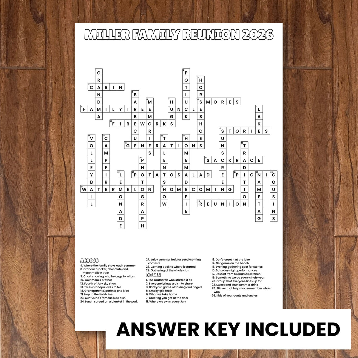 Answer key included with every custom crossword