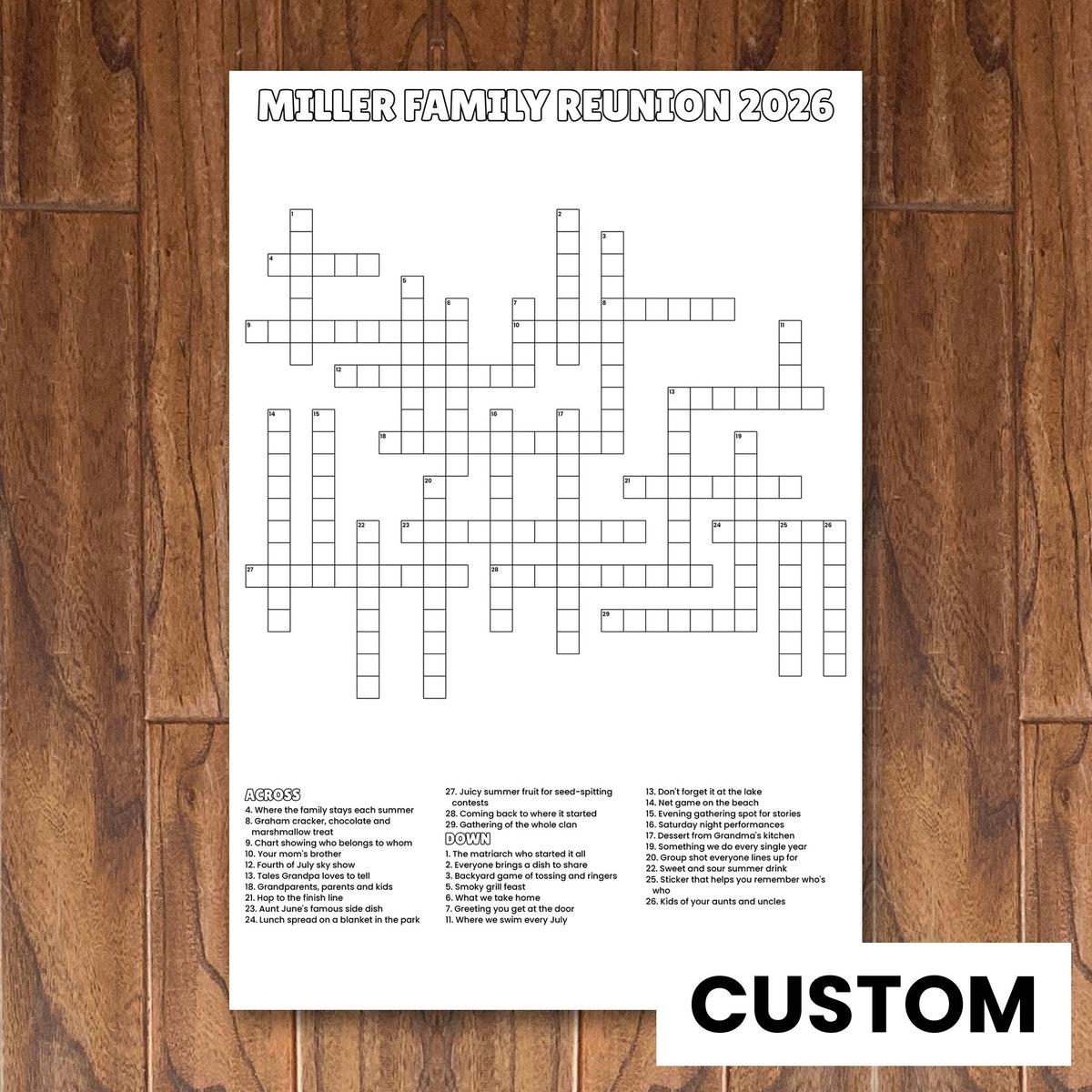 Custom Personalized Giant Crossword Puzzle, sample family reunion crossword on a wood floor
