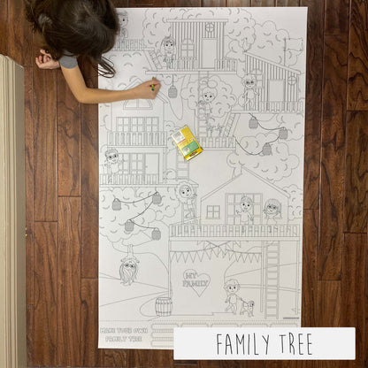 Child coloring the Family Tree giant coloring sheet on a wood floor with crayons