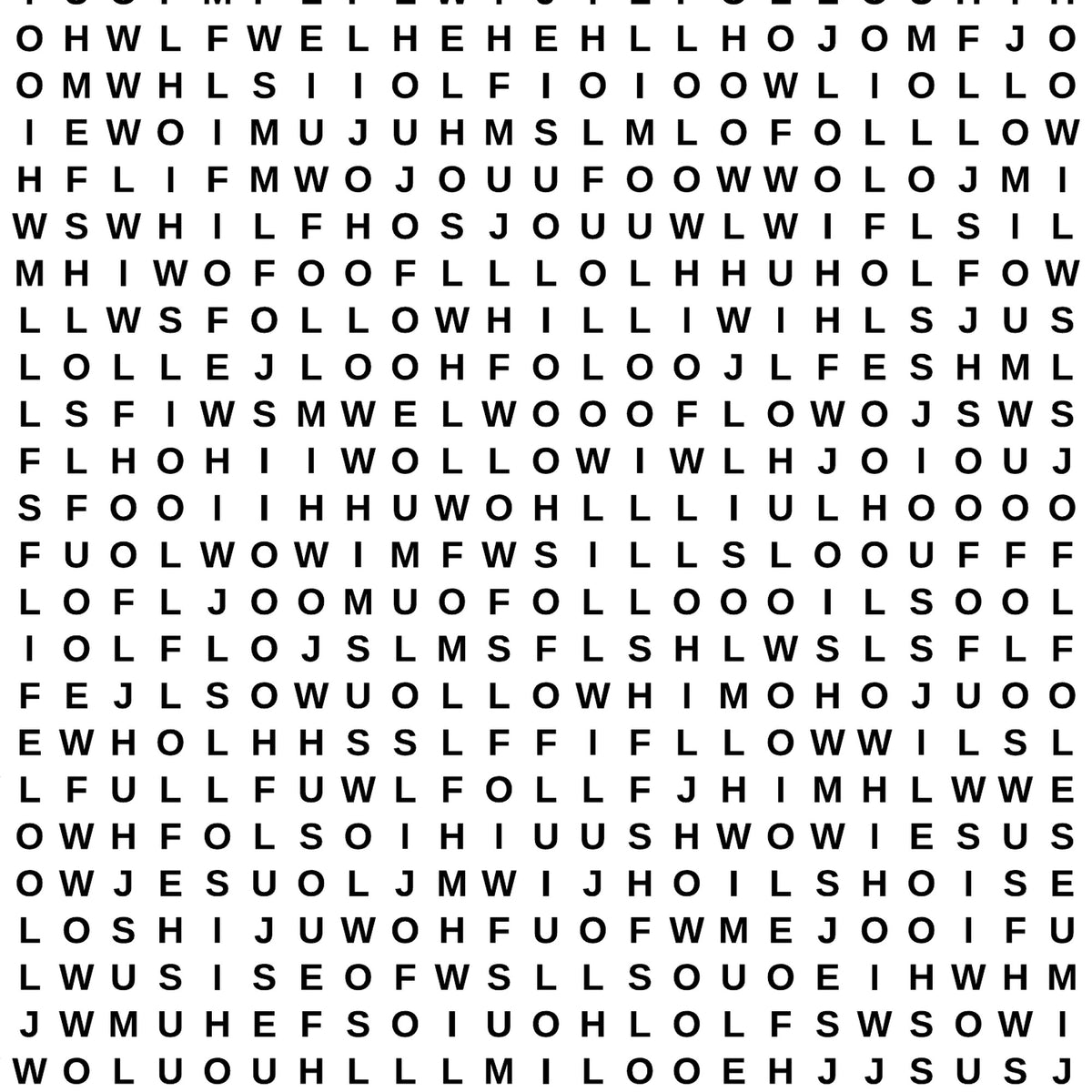 Close-up of The Impossible Follow Him word search grid