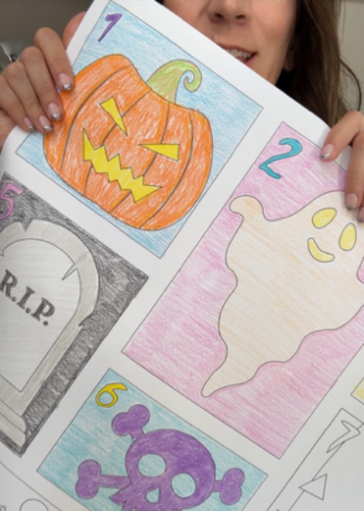 Close-up of the Halloween Countdown Calendar coloring sheet colored in with markers
