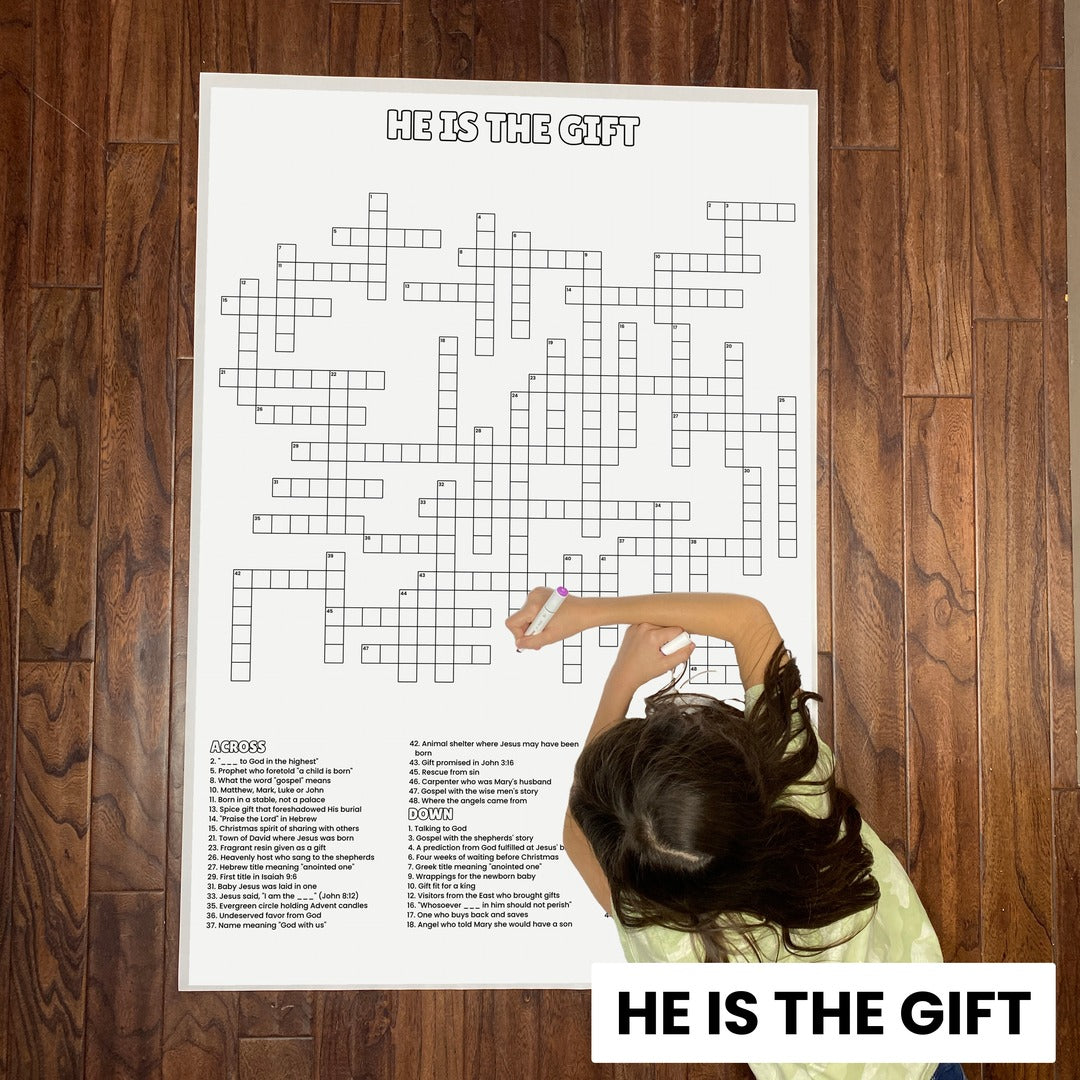 He Is The Gift giant crossword puzzle on the floor