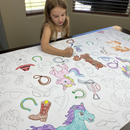 The Horses Table Size Coloring Sheet being colored by kids at home