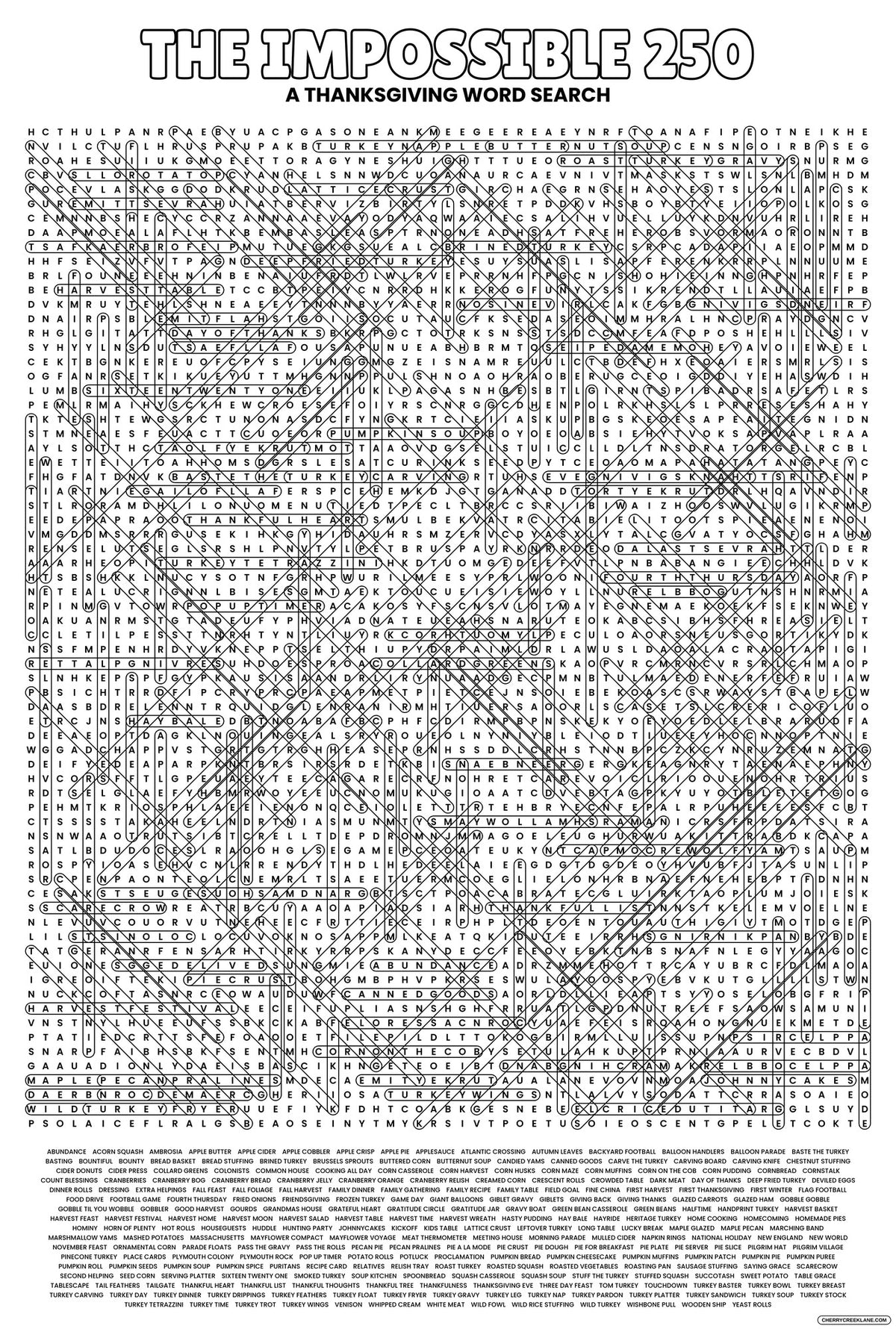The Impossible 250 Thanksgiving Word Search answer key