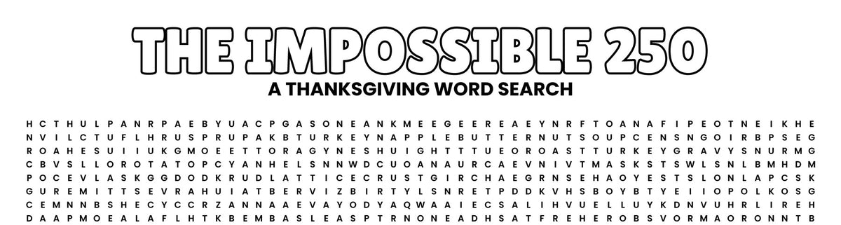 The Impossible 250 Thanksgiving Word Search header and grid close-up
