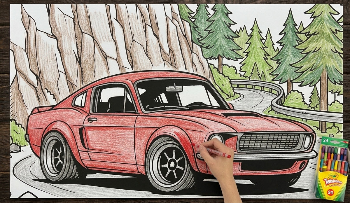 Giant 67 Mustang GT500 coloring sheet colored in with crayons - Cherry Creek Lane