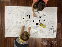 Thumbnail for Child coloring the Noah's Ark giant coloring sheet on a wood floor with crayons