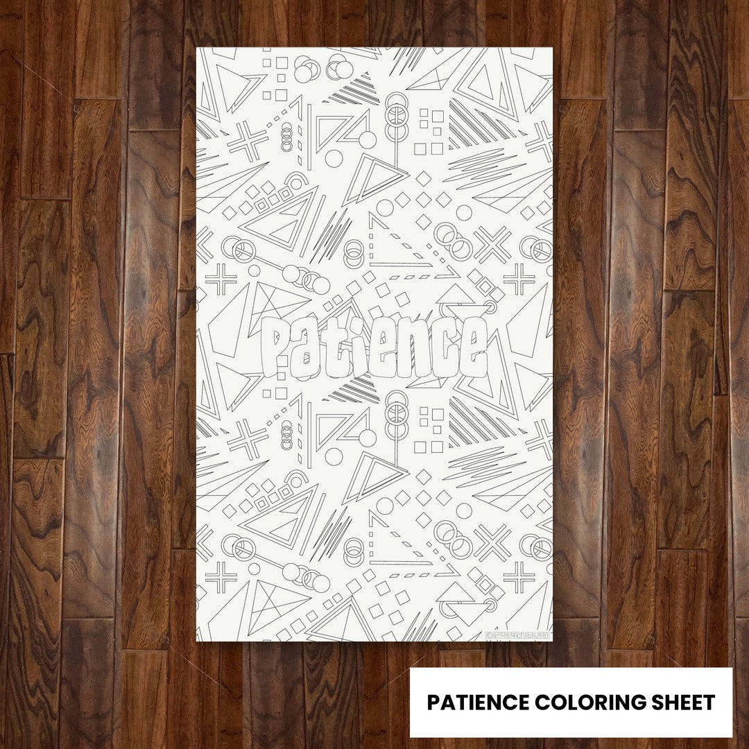 Patience giant 30x50 coloring sheet laid flat on a wood floor