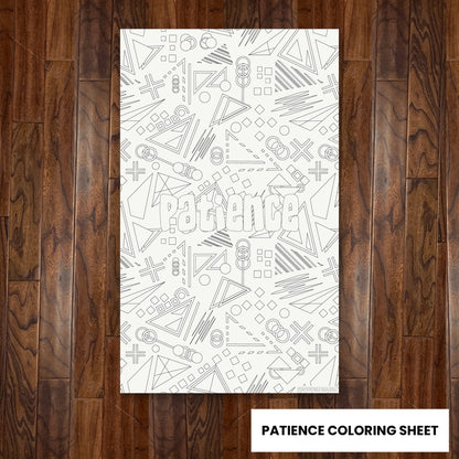 Patience giant 30x50 coloring sheet laid flat on a wood floor