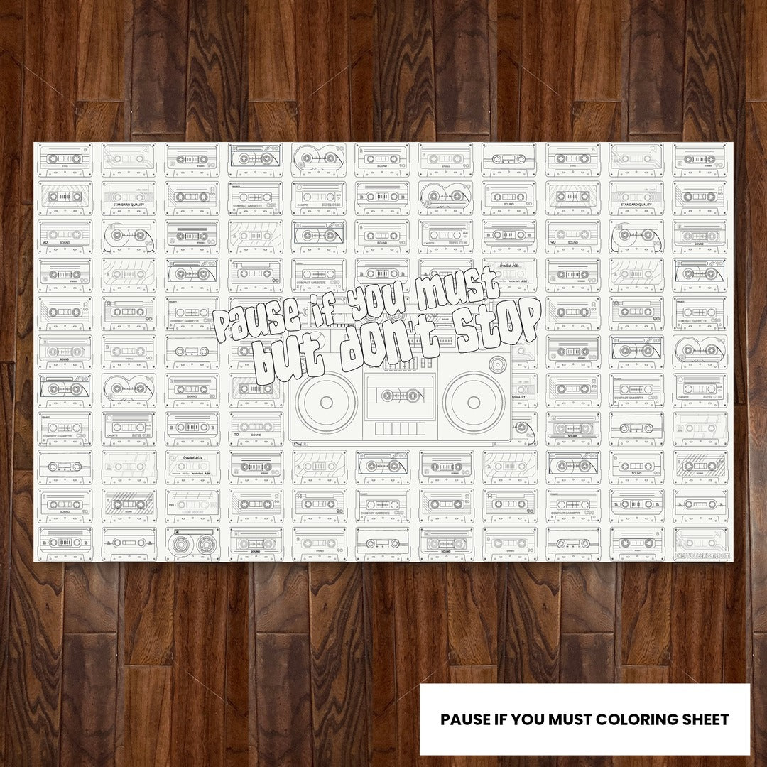 Pause If You Must giant 30x50 coloring sheet laid flat on a wood floor