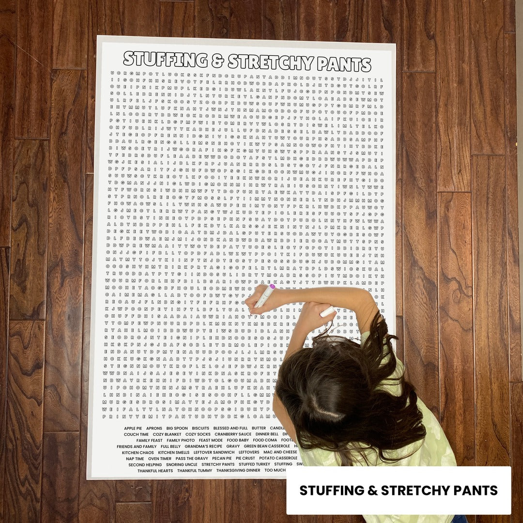 Stuffing & Stretchy Pants giant 30x44.5 word search on floor