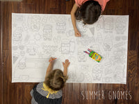 Thumbnail for Child coloring the Summer Gnomes giant coloring sheet on a wood floor with crayons