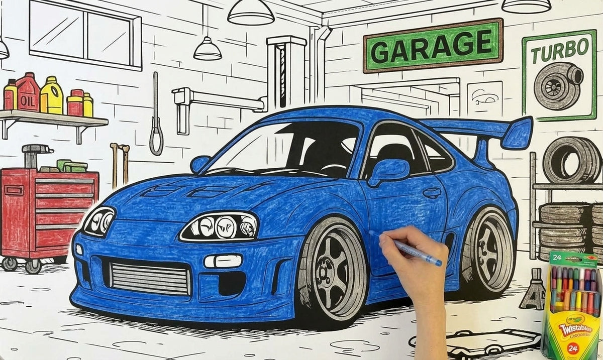 Giant Toyota MK4 Supra coloring sheet colored in with crayons - Cherry Creek Lane