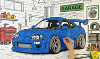 Thumbnail for Giant Toyota MK4 Supra coloring sheet colored in with crayons - Cherry Creek Lane