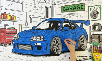 Giant Toyota MK4 Supra coloring sheet colored in with crayons - Cherry Creek Lane